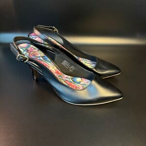 Kioni Black Slingback Heels Pointed‎ Toe Floral Lining Pumps Size 9